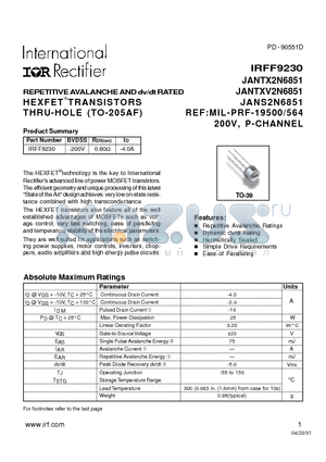 IRFF9230 datasheet - HEXFET TRANSISTORS THRU-HOLE (TO-205AF)