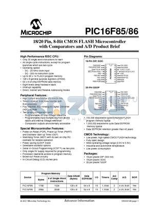 PIC16F85 datasheet - 18/20 Pin, 8-Bit CMOS FLASH Microcontroller with Comparators and A/D Product Brief