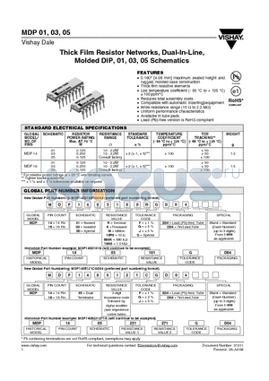 MDP1400680KJE04 datasheet - Thick Film Resistor Networks, Dual-In-Line, Molded DIP, 01, 03, 05 Schematics
