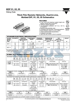 MDP14011M00FD04 datasheet - Thick Film Resistor Networks, Dual-In-Line, Molded DIP, 01, 03, 05 Schematics