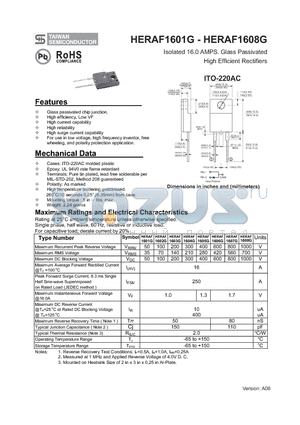 HERAF1607G datasheet - Isolated 16.0 AMPS. Glass Passivated High Efficient Rectifiers