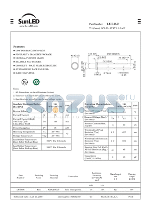 LUR65C datasheet - T-1 (3mm) SOLID STATE LAMP