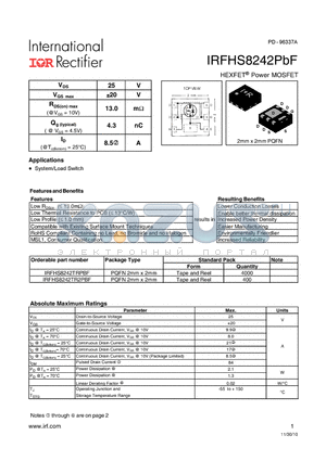 IRFHS8242TRPBF datasheet - HEXFET Power MOSFET