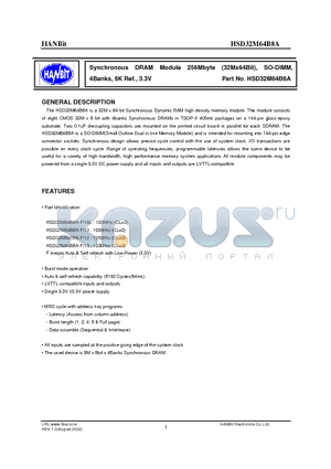 HSD32M64B8A-F13 datasheet - Synchronous DRAM Module 256Mbyte (32Mx64Bit), SO-DIMM, 4Banks, 8K Ref., 3.3V