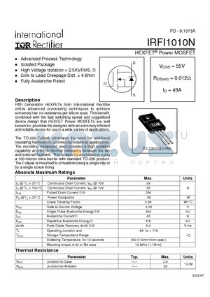 IRFI1010N datasheet - Power MOSFET(Vdss=55V, Rds(on)=0.012ohm, Id=49A)