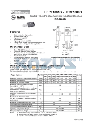 HERF1002G datasheet - Isolated 10.0 AMPS. Glass Passivated High Efficient Rectifiers