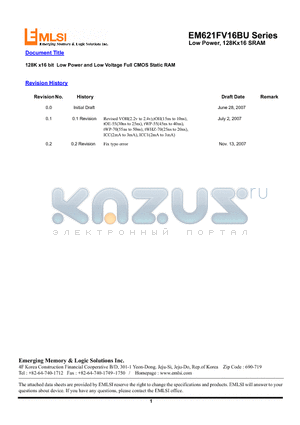 EM622FR16GS-45S datasheet - 128K x16 bit Low Power and Low Voltage Full CMOS Static RAM