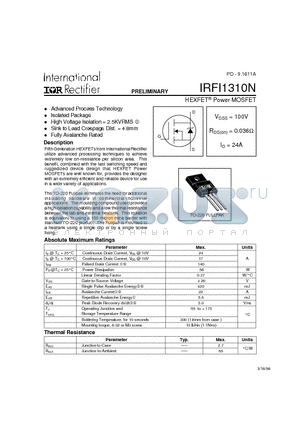 IRFI1310N datasheet - Power MOSFET(Vdss=100V, Rds(on)=0.036ohm, Id=24A)