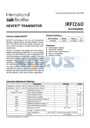 IRFI260 datasheet - TRANSISTOR N-CHANNEL(Vdss=200V, Rds(on)=0.060ohm, Id=45A*)