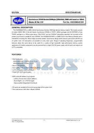 HSD32M64D16R datasheet - Synchronous DRAM Module 256Mbyte (32Mx64bit), DIMM with based on 16Mx8, 4Banks, 4K Ref., 3.3V