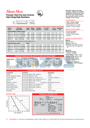 MOX-1-121006FE datasheet - Precision Thick Film Axial Terminal High Voltage/High Resistance