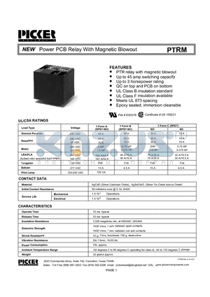 PTRM1C-12 datasheet - Power PCB Relay With Magnetic Blowout