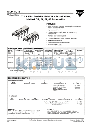 MDP16-05221/271G datasheet - Thick Film Resistor Networks, Dual-In-Line, Molded DIP, 01, 03, 05 Schematics