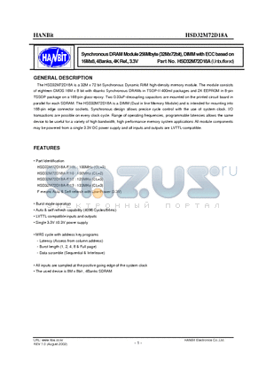 HSD32M72D18A-F12 datasheet - Synchronous DRAM Module 256Mbyte (32Mx72bit), DIMM with ECC based on 16Mx8, 4Banks, 4K Ref., 3.3V