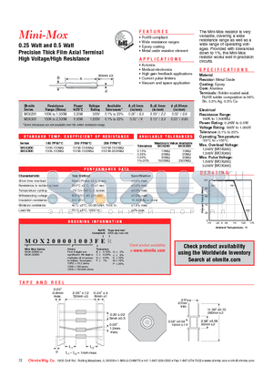 MOX-200001003BER datasheet - 0.25 Watt and 0.5 Watt Precision Thick Film Axial Terminal High Voltage/High Resistance