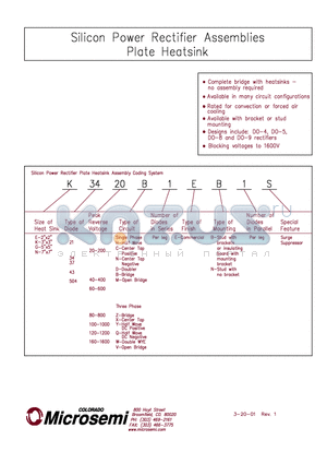 K3740Y1EB1S datasheet - Silicon Power Rectifier Assemblies Plate Heatsink