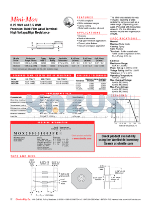 MOX-200001003MER datasheet - 0.25 Watt and 0.5 Watt Precision Thick Film Axial Terminal High Voltage/High Resistance
