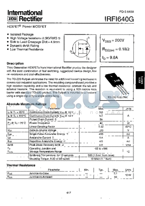 IRFI640G datasheet - Power MOSFET(Vdss=200V, Rds(on)=0.18ohm, Id=9.8A)