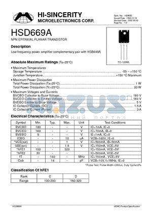 HSD669A datasheet - NPN EPITAXIAL PLANAR TRANSISTOR