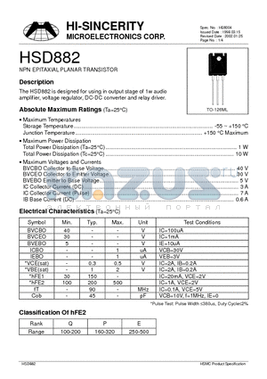 HSD882 datasheet - NPN EPITAXIAL PLANAR TRANSISTOR
