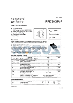 IRFI720GPBF datasheet - HEXFET Power MOSFET