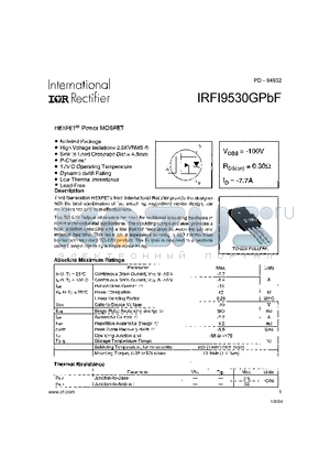 IRFI9530GPBF datasheet - HEXFET Power MOSFET