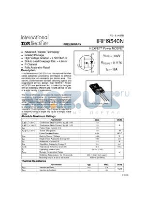 IRFI9540N datasheet - HEXFET Power MOSFET