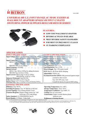 HES12 datasheet - UNIVERSAL OR U.S. INPUT RANGE AC TO DC EXTERNAL WALLMOUNT ADAPTERS SINGLE OUTPUT 12 WATTS SWITCHING POWER SUPPLIES HES12 OR HES12B SERIES