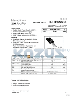IRFIB6N60A datasheet - Power MOSFET(Vdss=600V, Rds(on)max=0.75ohm, Id=5.5A)
