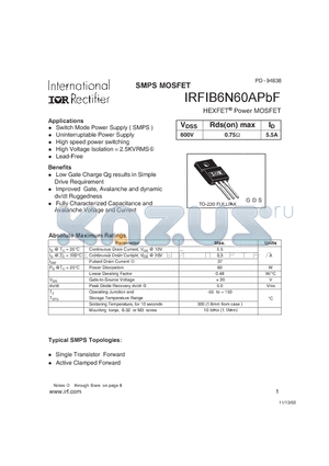 IRFIB6N60APBF datasheet - HEXFET Power MOSFET