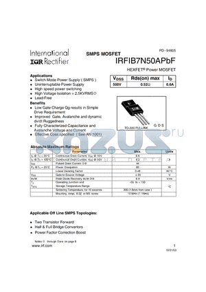 IRFIB7N50APBF datasheet - SMPS MOSFET