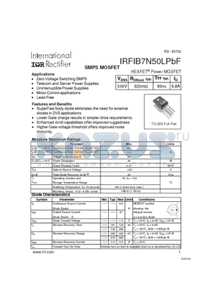 IRFIB7N50LPBF datasheet - SMPS MOSFET, HEXFET Power MOSFET