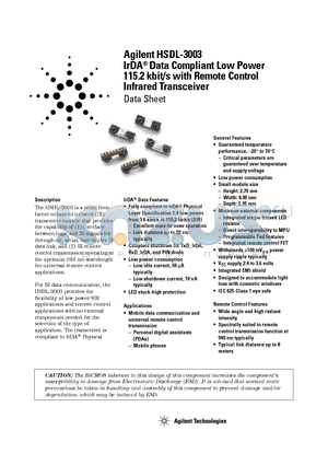 HSDL-3003 datasheet - IrDA Data Compliant Low Power 115.2 kbit/s with Remote Control Infrared Transceiver