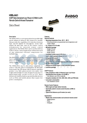HSDL-3021-021 datasheet - IrDA^ Data Compliant Low Power 4.0 Mbit/s with Remote Control Infrared Transceiver