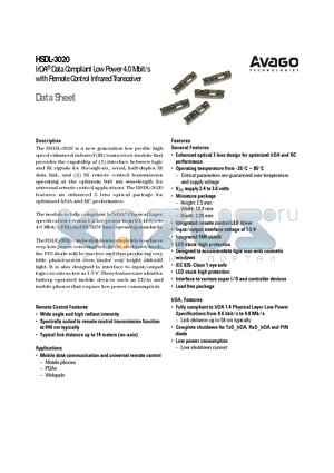 HSDL-3020-021 datasheet - IrDA^ Data Compliant Low Power 4.0 Mbit/s with Remote Control Infrared Transceiver