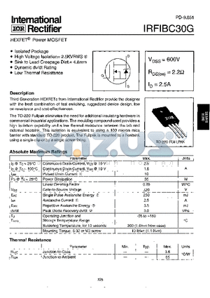 IRFIBC30G datasheet - Power MOSFET(Vdss=600V, Rds(on)=2.2ohm, Id=2.5A)