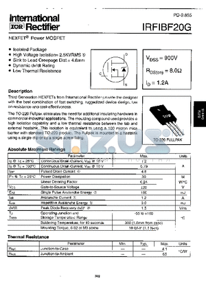 IRFIBF20G datasheet - Power MOSFET(Vdss=900V, Rds(on)=8.0ohm, Id=1.2A)