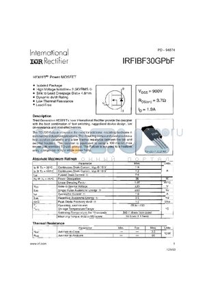 IRFIBF30GPBF datasheet - HEXFET Power MOSFET