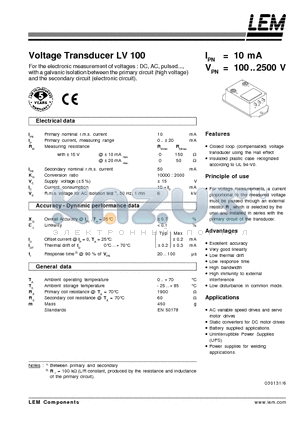 LV100 datasheet - Voltage Transducer