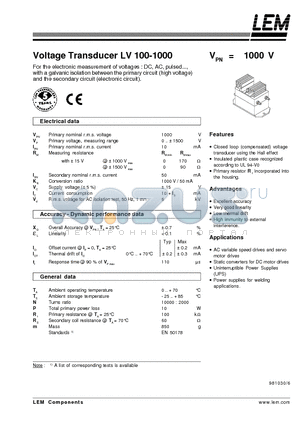 LV100-1000 datasheet - Voltage Transducer LV 100-1000