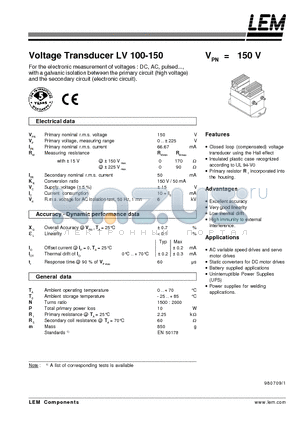 LV100-150 datasheet - Voltage Transducer LV 100-150