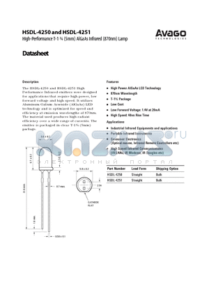HSDL-4250 datasheet - High-Performance T-1 n (5mm) AlGaAs Infrared (870nm) Lamp