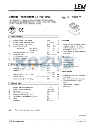 LV100-1600 datasheet - Voltage Transducer LV 100-1600