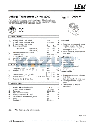 LV100-2000 datasheet - Voltage Transducer LV 100-2000