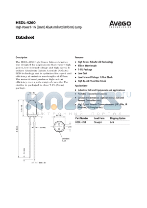 HSDL-4260 datasheet - High-Power T-1n (5mm) AlGaAs Infrared (875nm) Lamp