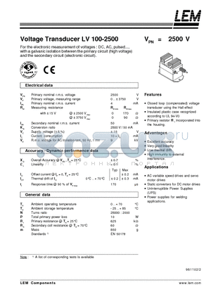 LV100-2500 datasheet - Voltage Transducer LV 100-2500