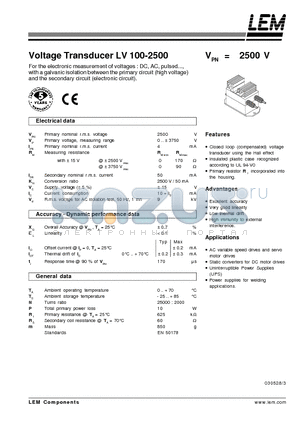 LV100-2500 datasheet - Voltage Transducer