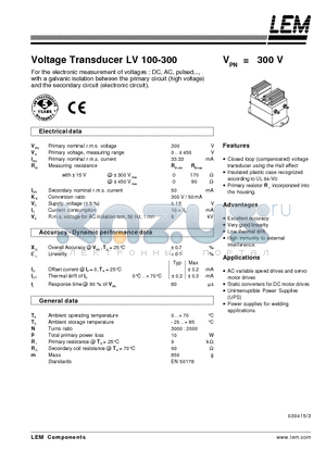 LV100-300 datasheet - Voltage Transducer