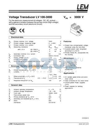 LV100-3000 datasheet - Voltage Transducer