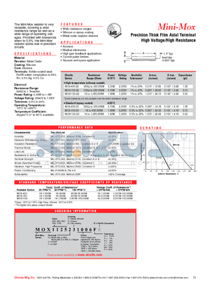 MOX1125721006GE datasheet - Precision Thick Film Axial Terminal High Voltage/High Resistance